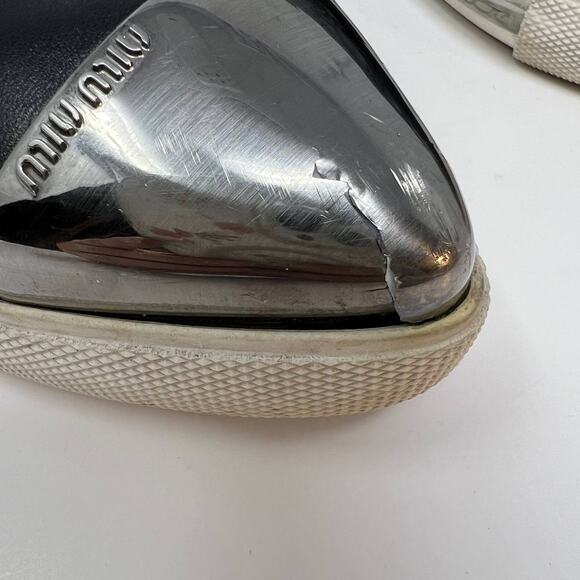 Miu Miu Loafers Women's 38.5 Black Leather Silver Toe Cap Slip On Luxury Shoes - Picture 13 of 16
